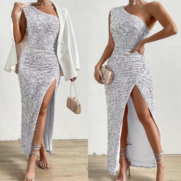 Luxe blue one shoulder slit thigh party formal evening sequins dress - Picture 5 of 16